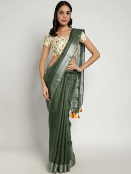 ZEDAAR - Green Pure Linen Handloom Saree With Unstitched Blouse