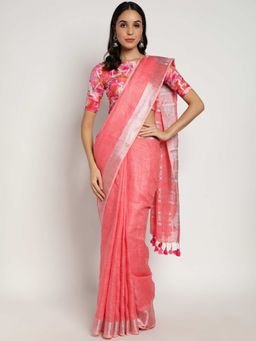 ZEDAAR - Pink Linen Handloom Saree With Unstitched Blouse