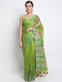 ZEDAAR - Green Green Linen Floral Handloom Saree With Unstitched Blouse