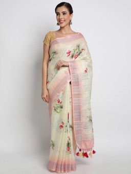 ZEDAAR - Cream Pastel Linen Handloom Saree With Unstitched Blouse