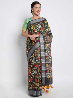 ZEDAAR - Black Kalamkari Black Linen Handloom Saree With Unstitched Blouse