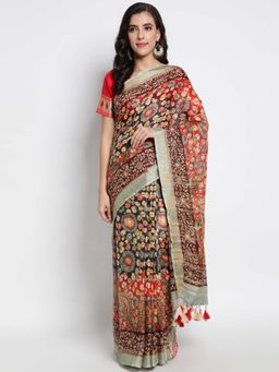 ZEDAAR - Black Kalamkari Printed Linen Handloom Saree With Unstitched Blouse