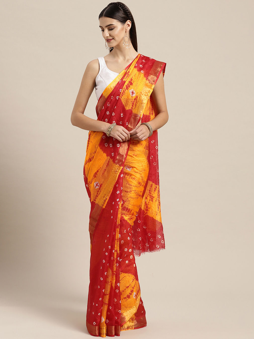 Geroo Jaipur Printed Saree Buy Geroo Jaipur Hand Dyed Red Yellow Bandhani Kota Doria Saree Online Nykaa Fashion