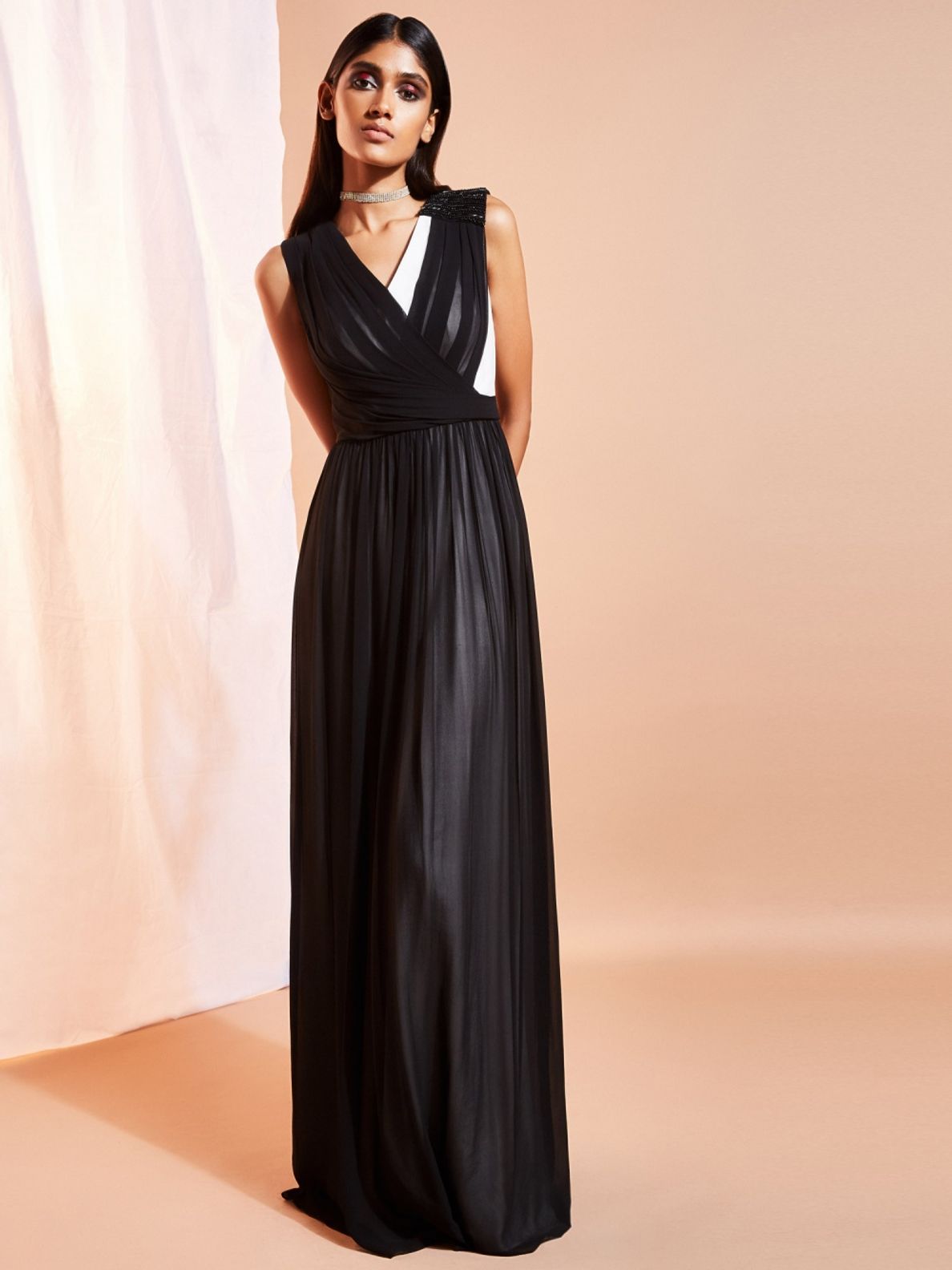 black pleated gown