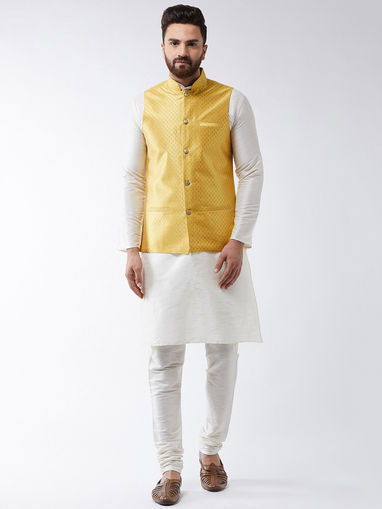 modi jacket on yellow kurta