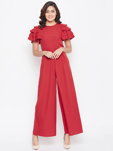 red jumpsuit with bell sleeves