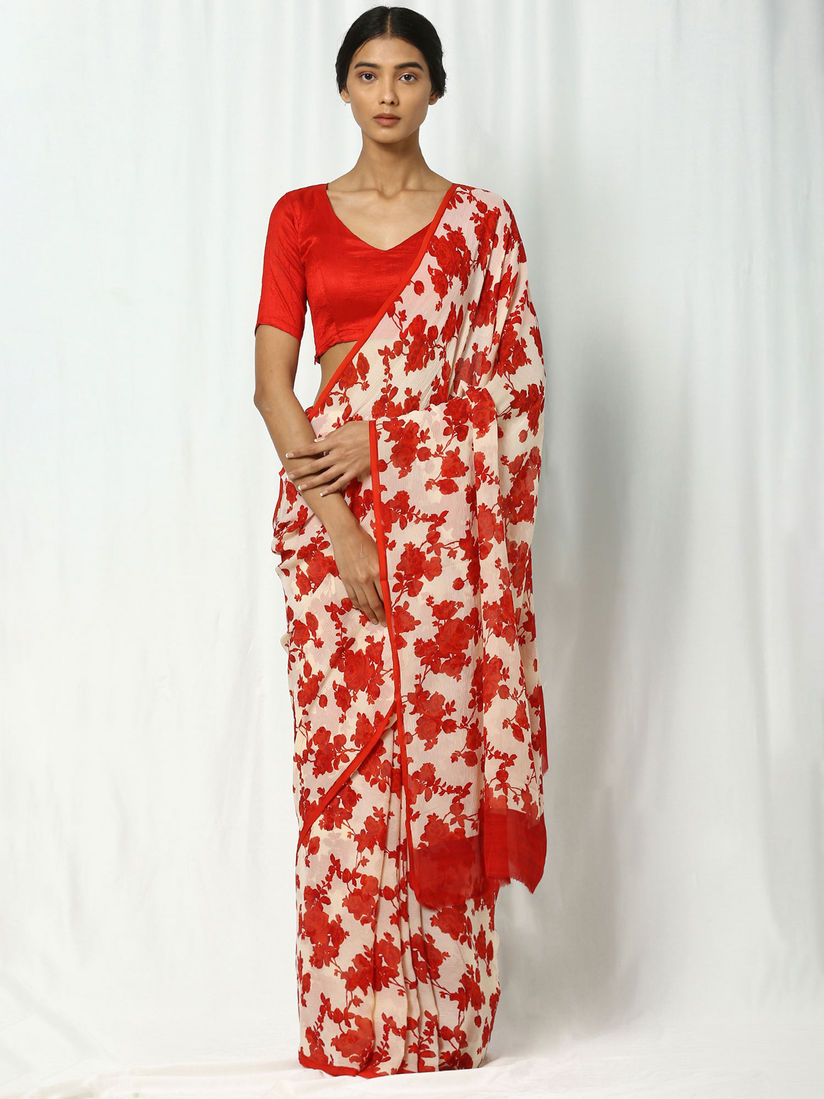 Red saree with white blouse Clearance