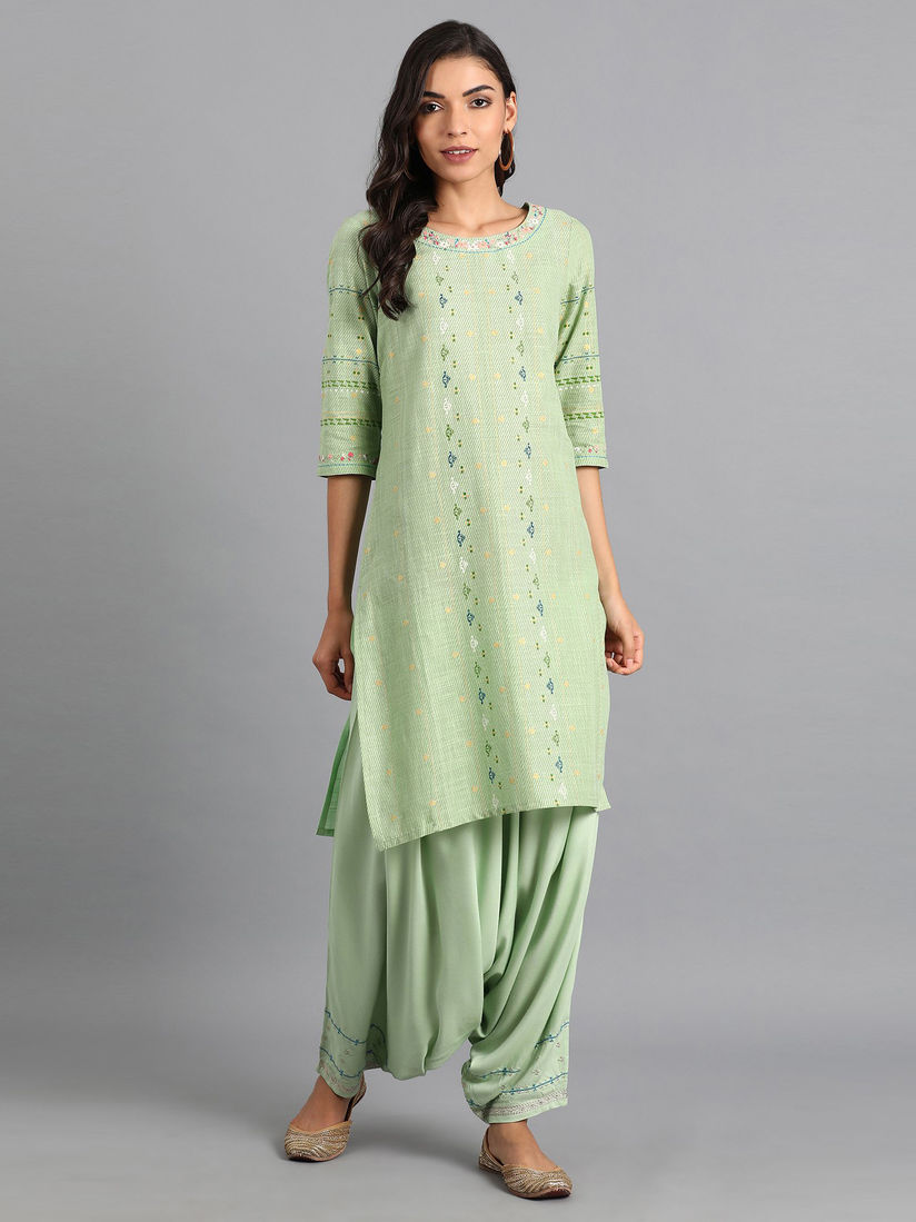 W green round neck printed kurta clearance