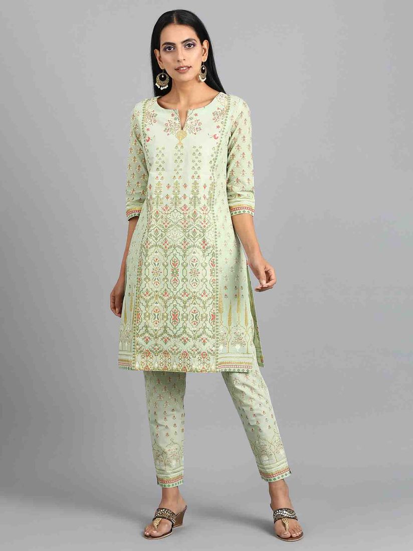 W green round neck printed kurta clearance