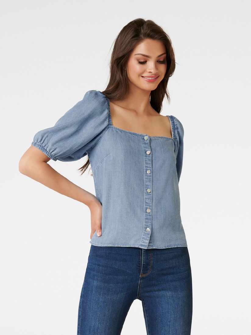 Jean puff sleeve top Clearance