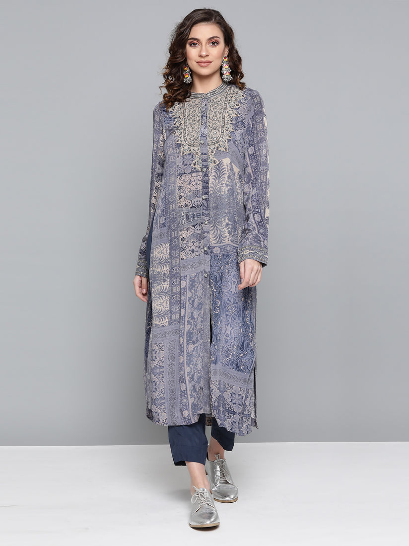 Ritu Kumar Salwar Suits And Sets Buy Ritu Kumar Blue Band Collar Long Printed Embroidered Kurta With Trouser Set Of 2 Online Nykaa Fashion Keeping things simple in a ritu kumar suit, raashi attended a recent event in hyderabad. ritu kumar blue band collar long printed embroidered kurta with trouser set of 2