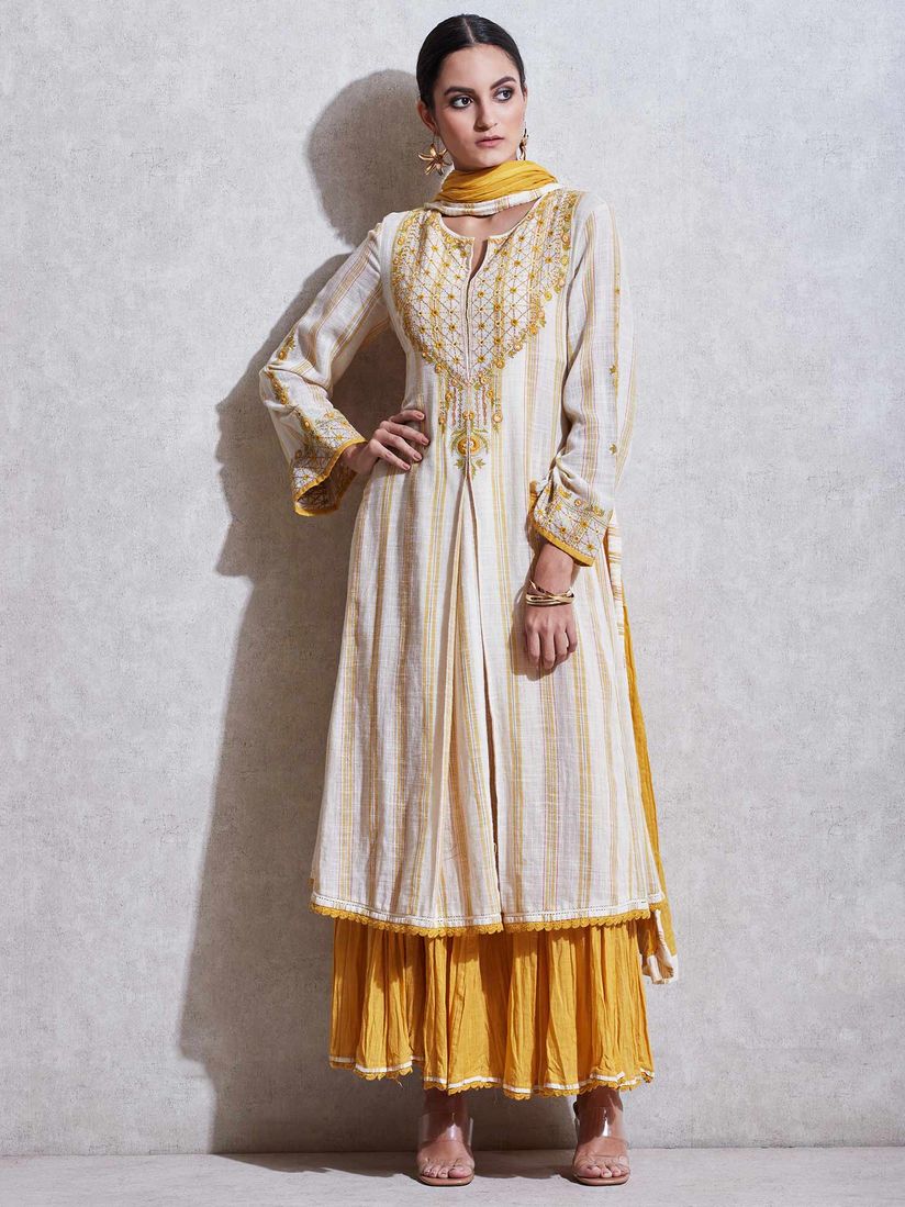 Ritu Kumar Salwar Suits And Sets Buy Ritu Kumar Off White Long Embroidered Kurta With Sharara And Dupatta Set Of 3 Online Nykaa Fashion Shalwar kameez dress new trends.