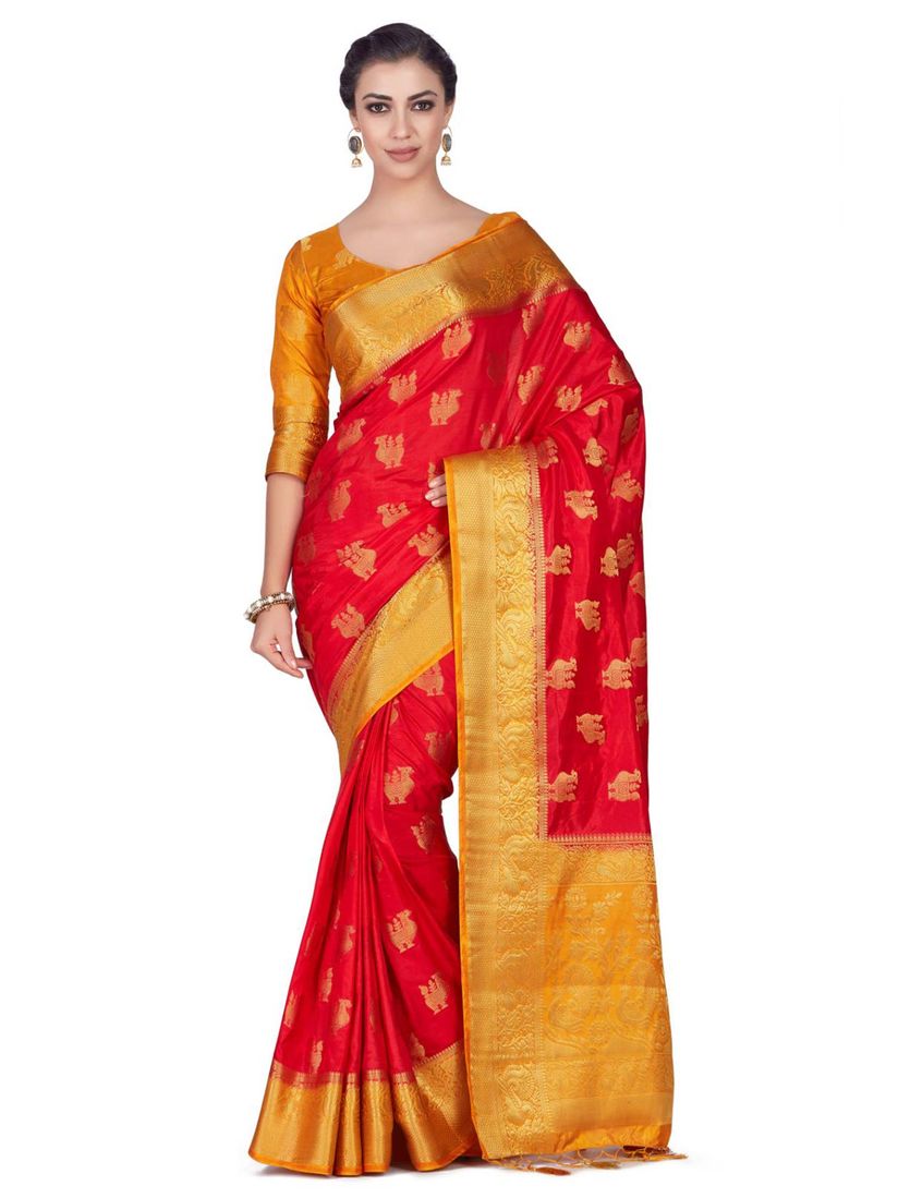 Yellow blouse with red saree clearance