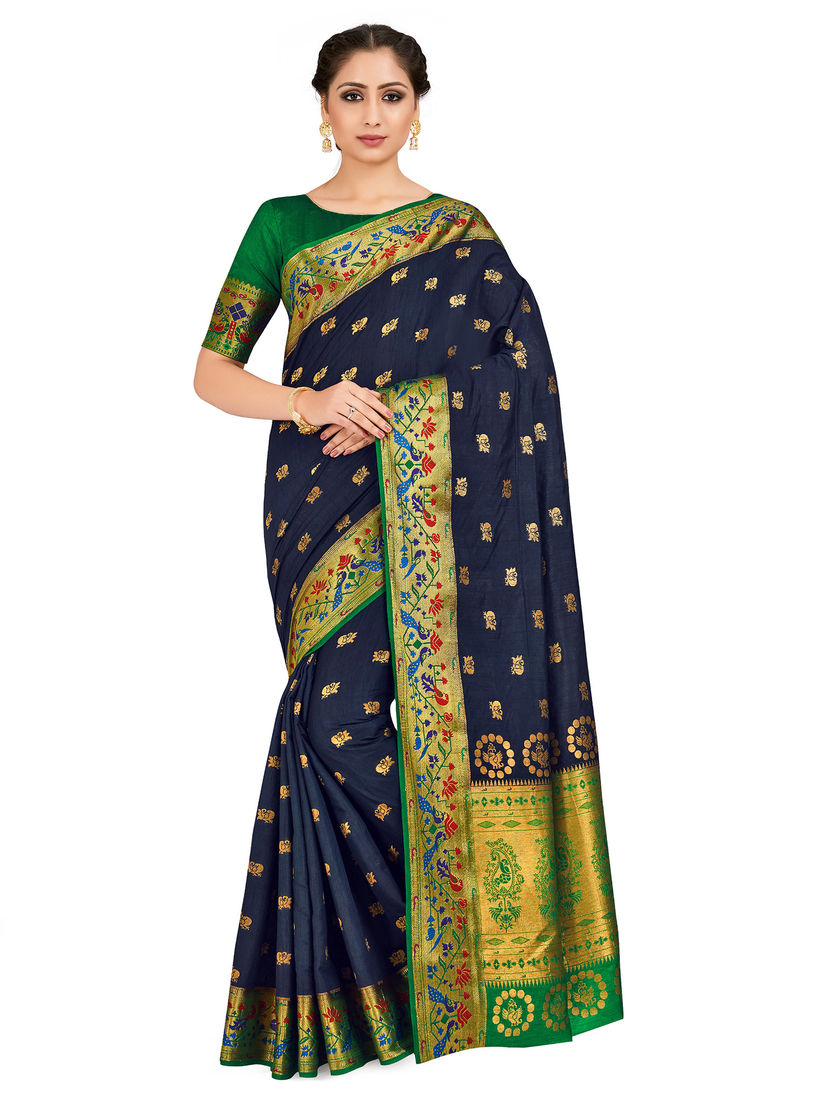Mimosa Sarees Buy Mimosa Navy Blue Paithani Style Art Silk Saree With Unstitched Blouse Online Nykaa Fashion