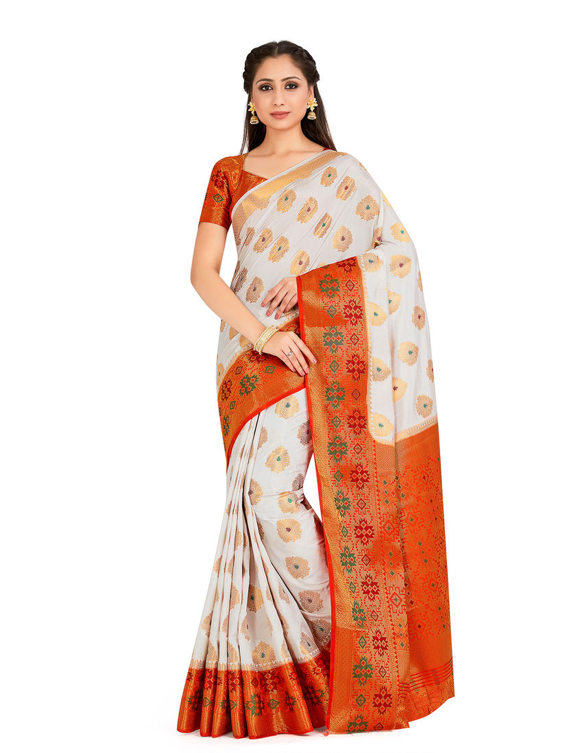 Mimosa Sarees Buy Mimosa White Paithani Style Art Silk Saree With Unstitched Blouse Online Nykaa Fashion