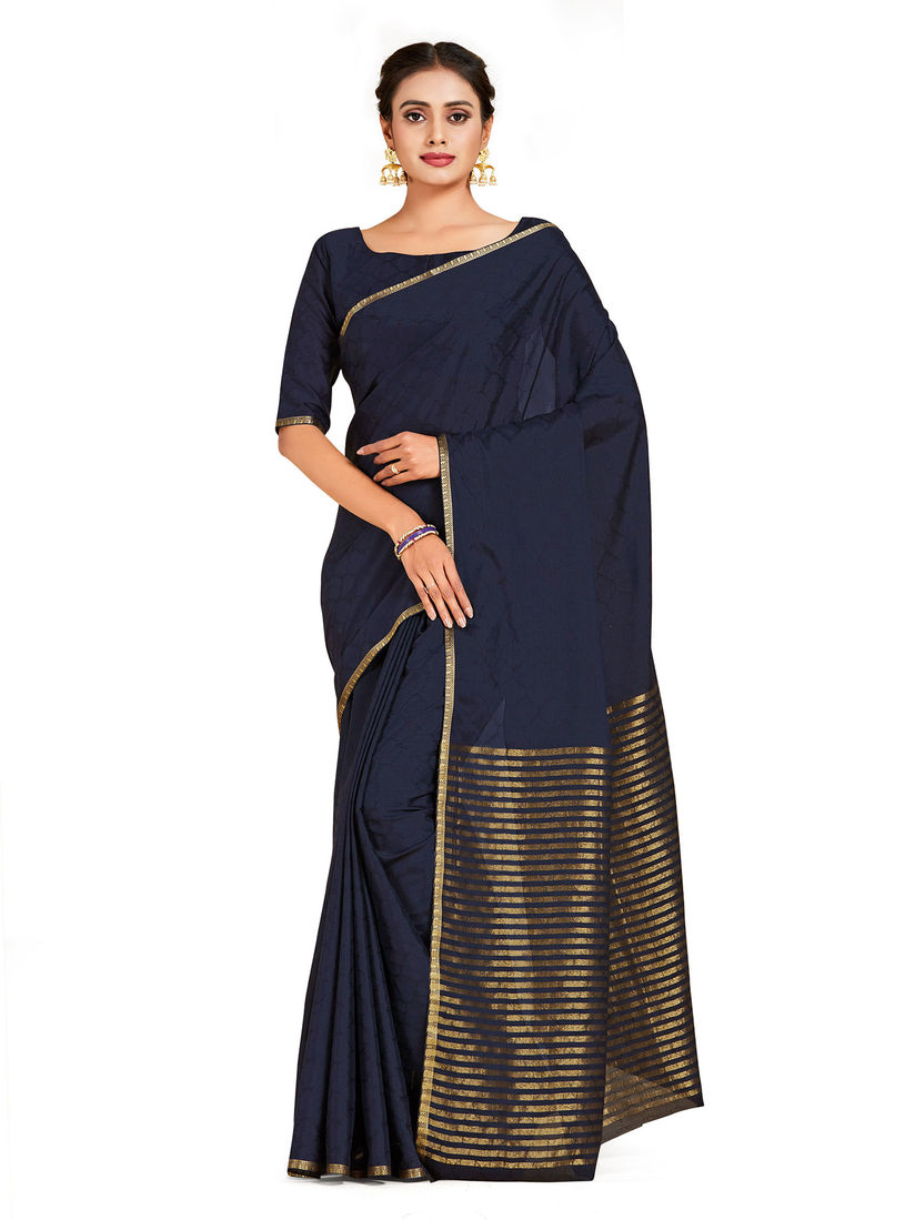 navy blue plain silk saree