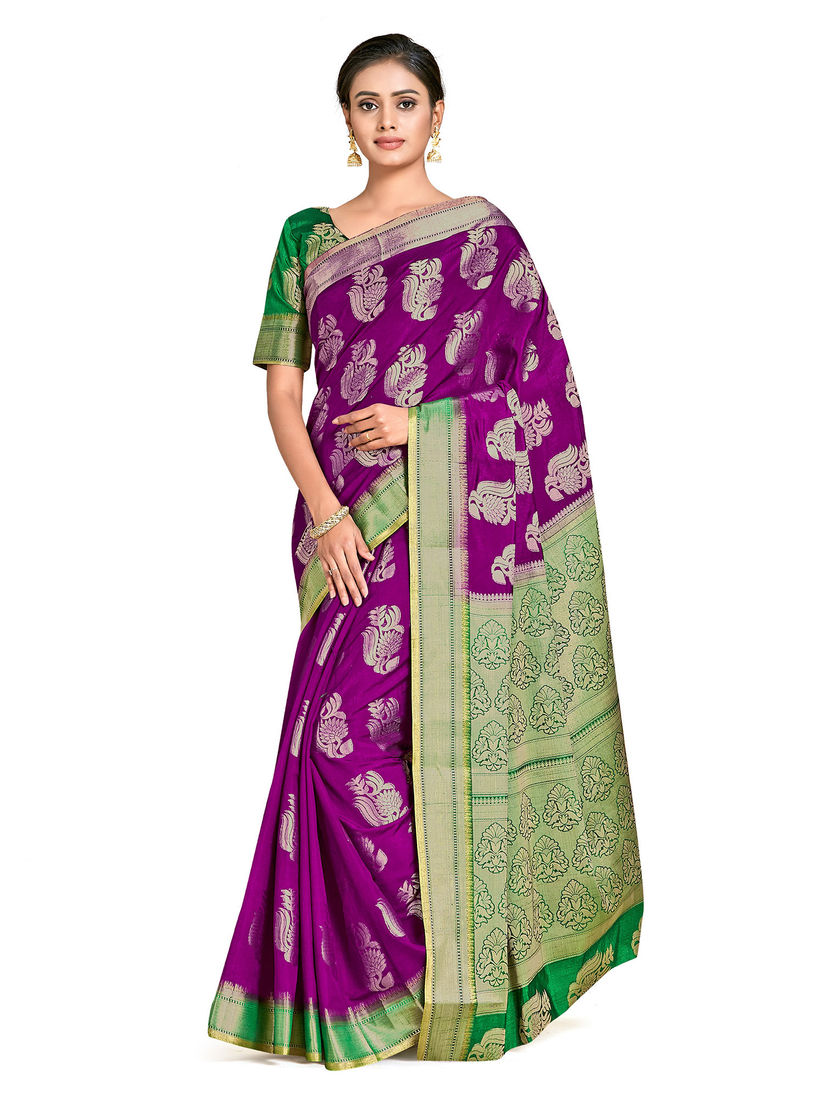 Mimosa Sarees Buy Mimosa Purple Kanjivaram Style Art Silk Saree With Unstitched Blouse Online Nykaa Fashion