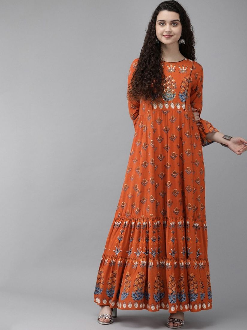 Rain Rainbow Ethnic Dresses Buy Rain Rainbow Women Orange Blue Printed Tiered Maxi Dress Online Nykaa Fashion