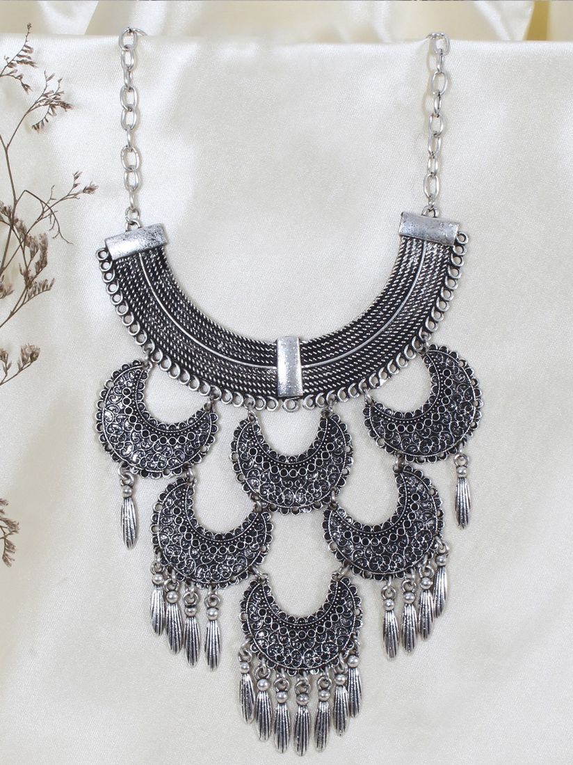 Silver black tribal statement colorful necklace
