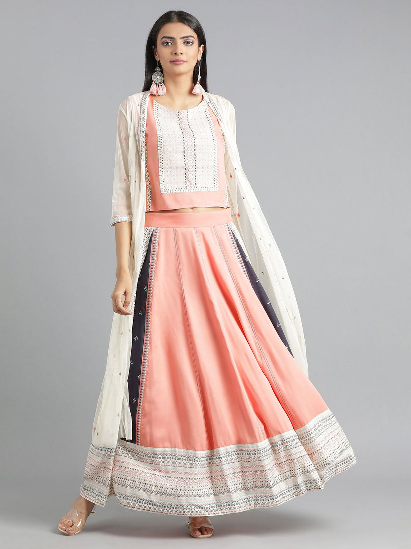 W Peach Round Neck Top And Flared Skirt 