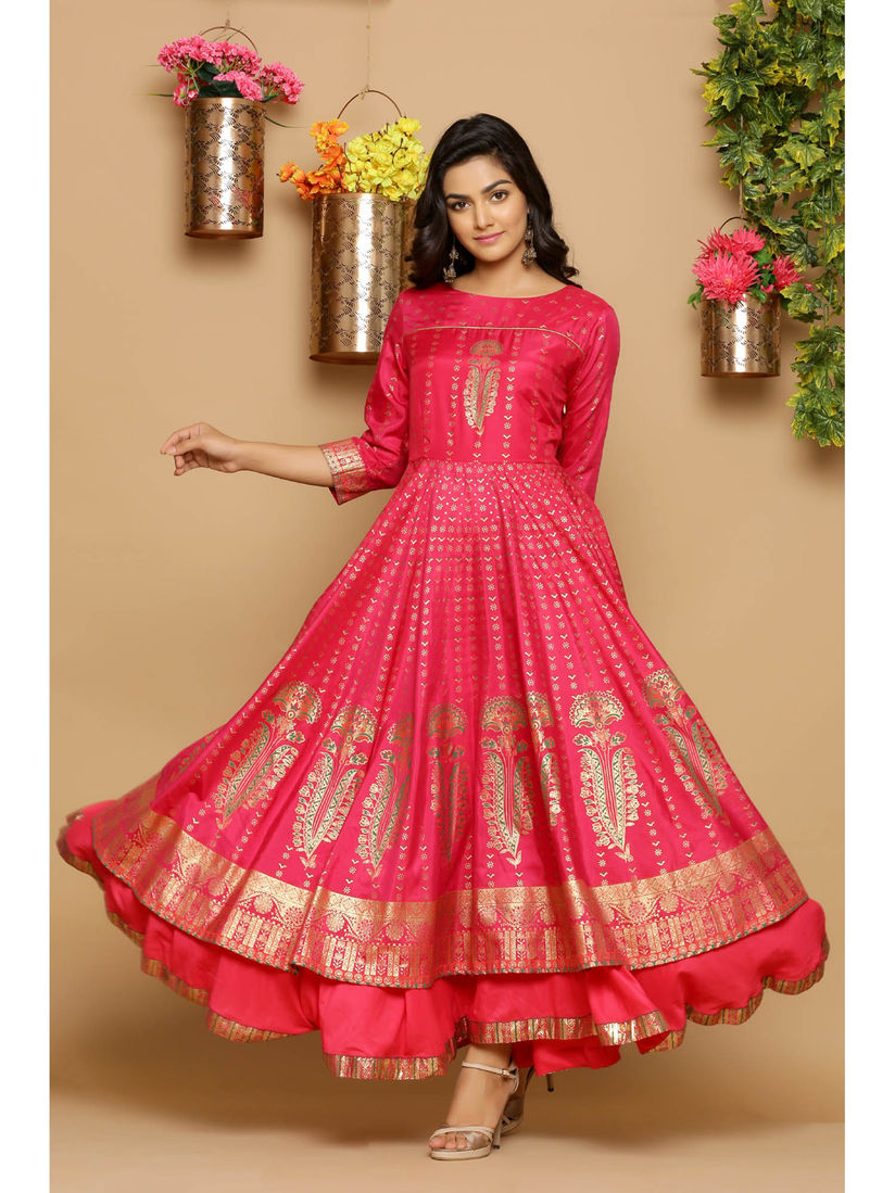 Juniper Ethnic Dresses Buy Juniper Pink Gold Foil Print Layered Ethnic Dress Online Nykaa Fashion