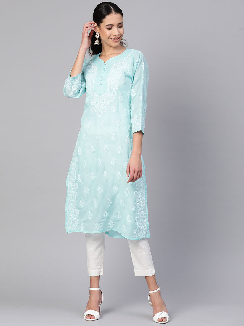 Sky blue chikankari kurti clearance