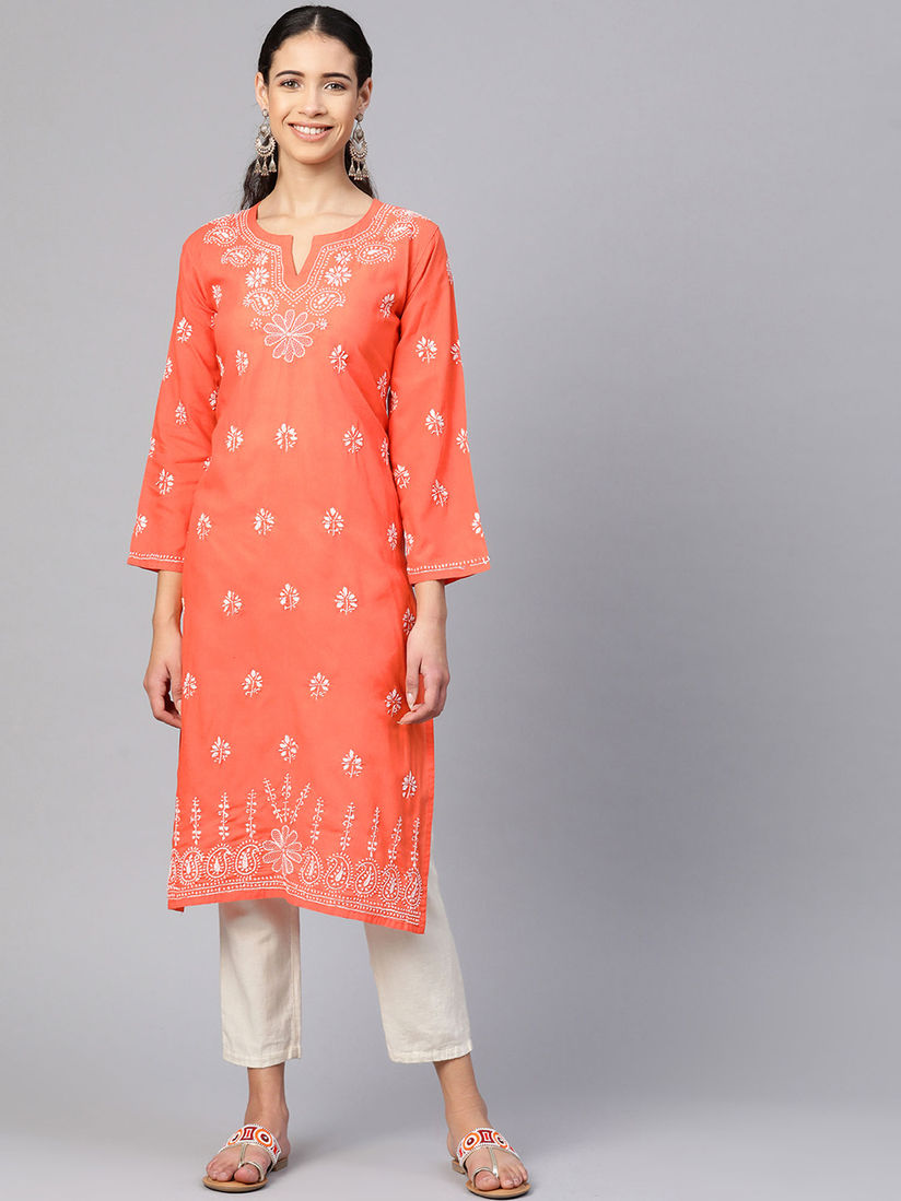 Details about / Georgette Chikankari Kurta LUCKNOWI Chikan Ethnic Summer Beach Wear Kurta Kurti