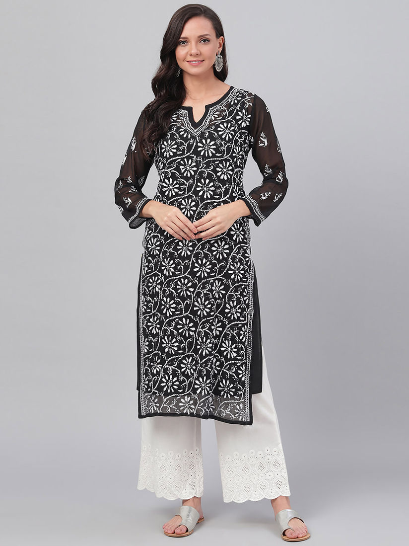 Ada Kurtis Kurtas And Tunics Buy Ada Embroidered Black Faux Georgette Lucknow Chikankari Kurta With Slip Set Of 2 Online Nykaa Fashion Whsp.me.8851346341 sp chikankari presents new launch price.1950rs. ada embroidered black faux georgette lucknow chikankari kurta with slip set of 2
