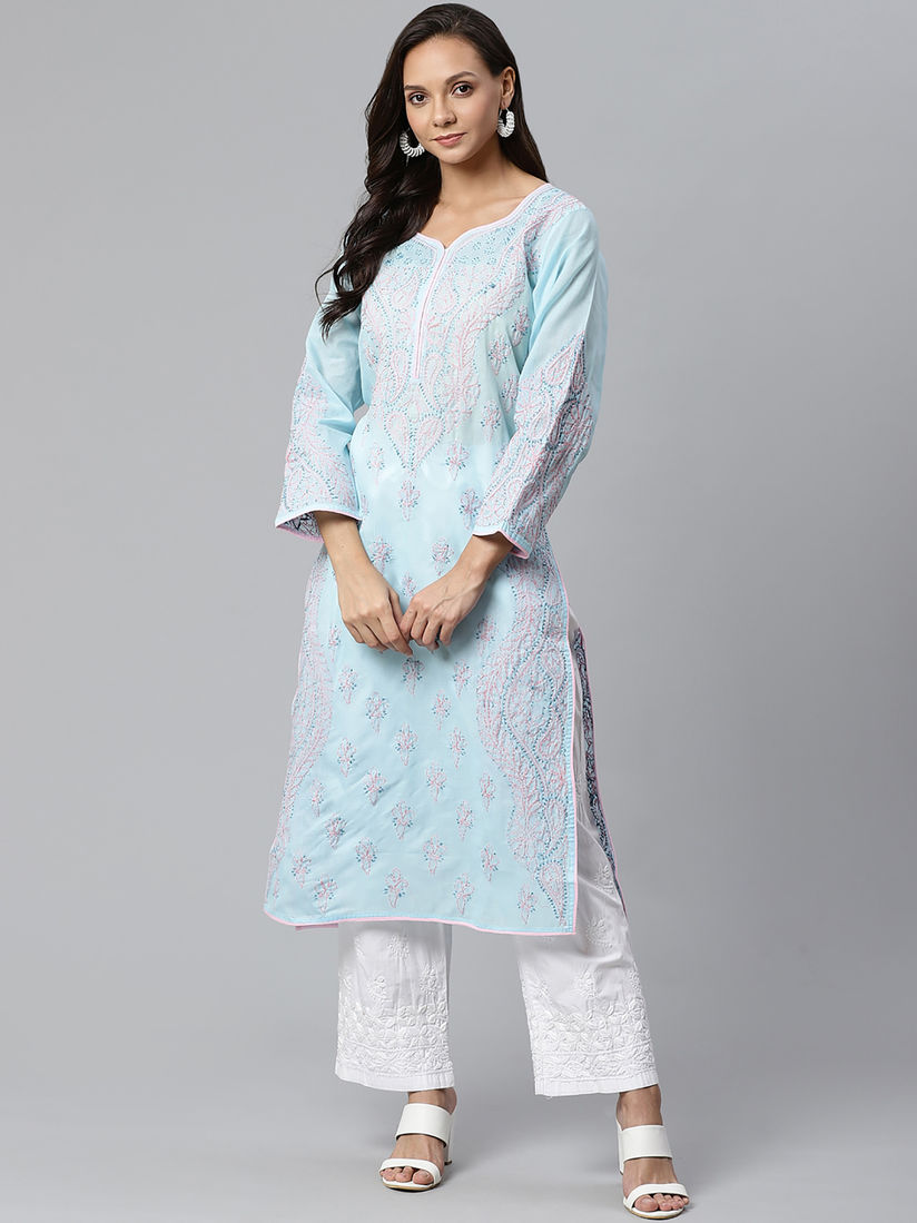 Ada Salwar Suits And Kurta Sets Buy Ada Ethnic Blue And White Chikankari Kurta And Palazzo Set Of 2 Online Nykaa Fashion The dress has rolled up sleeves along with side zipper for the perfect fitting. ada ethnic blue and white chikankari kurta and palazzo set of 2