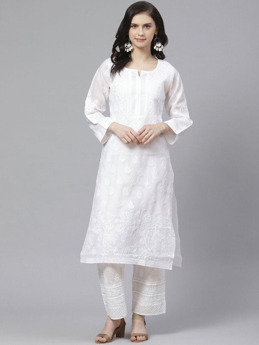Ada Salwar Suits And Sets Buy Ada Embroidered White Lucknow Chikan Kurta With Palazzo Set Of 2 Online Nykaa Fashion About the look,i have decided to wear a short knee length kurti pairing with palazzo pant and. ada embroidered white lucknow chikan kurta with palazzo set of 2