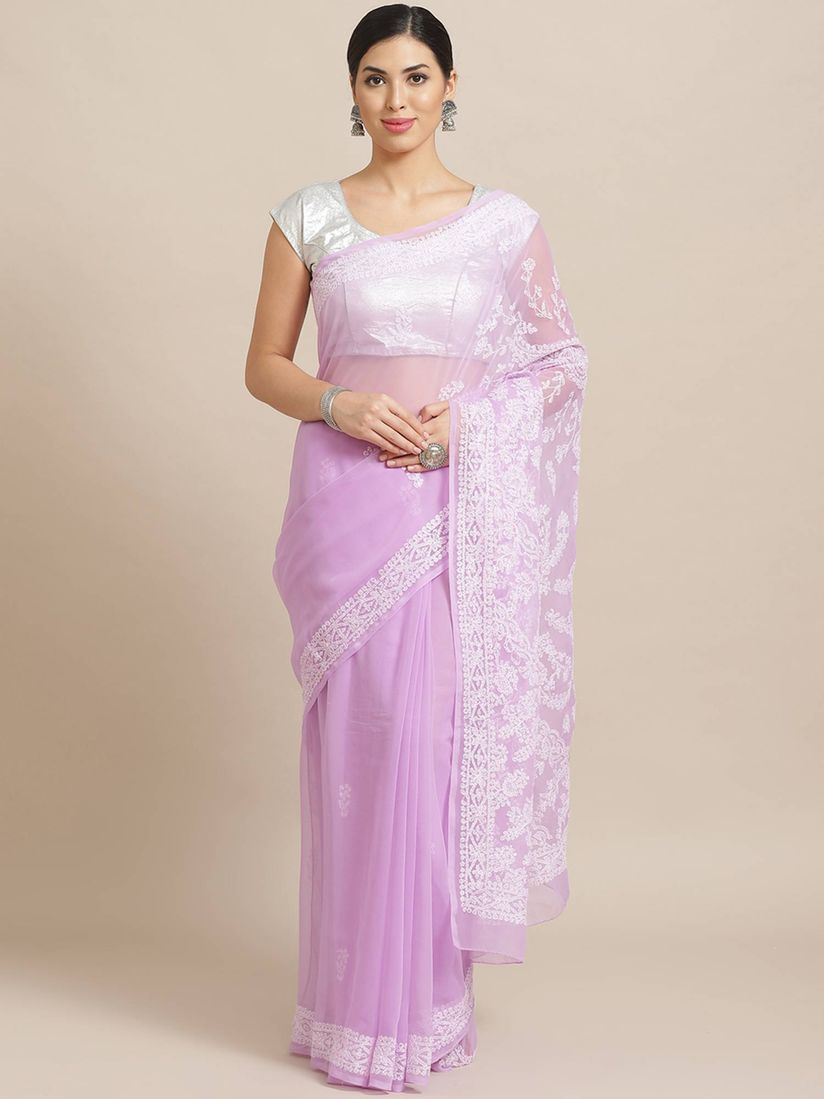 Ada Sarees Buy Ada Embroidered Lavender Georgette Lucknow Chikan Saree With Unstitched Blouse Online Nykaa Fashion Shop for authentic lucknow chikan : ada embroidered lavender georgette lucknow chikan saree with unstitched blouse