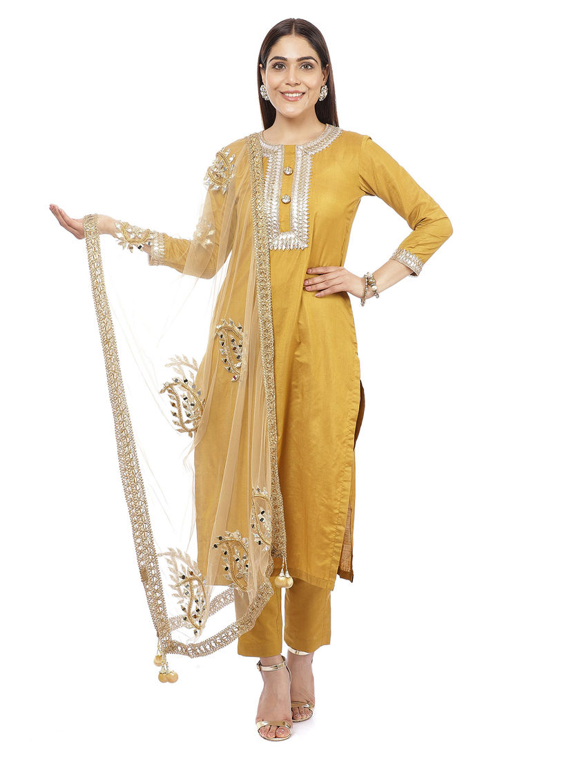 Anokherang Salwar Suits And Sets Buy Anokherang Mustard Gota Silk Kurti With Pants And Paisley Dupatta Set Of 3 Online Nykaa Fashion Yellow suits , latest punjabi suits, punjabi suits,punjabi suit idea, colour combination suit,beautiful colour combination for punjabi suits,latest punjabi palazzo suits party wear flipkart, palazzo suits pakistani uk, palazzo suits punjabi, palazzo suits pinterest, summer palazzo suits, silk palazzo suits. anokherang mustard gota silk kurti with pants and paisley dupatta set of 3