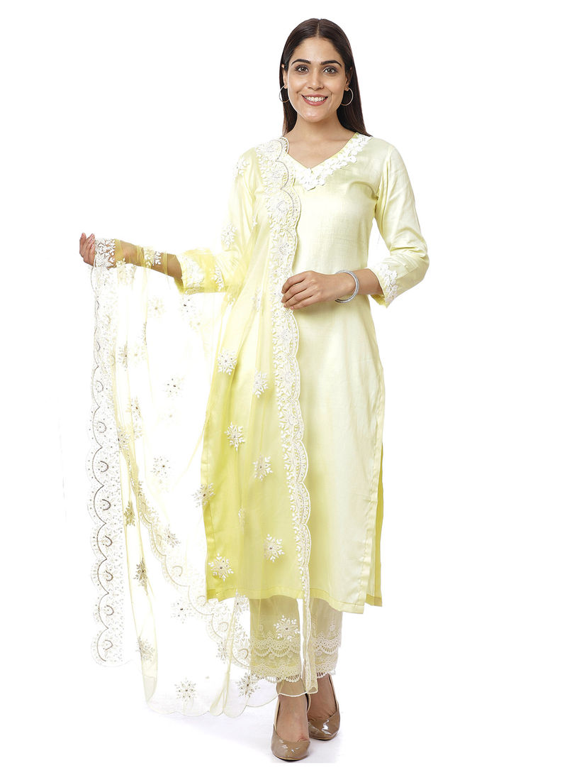 Anokherang Salwar Suits And Sets Buy Anokherang Lemon Yellow Crochet Detail Kurti With Pants And Chikankari Dupatta Set Of 3 Online Nykaa Fashion Discover a plethora of shades in yellow kurtas; anokherang lemon yellow crochet detail kurti with pants and chikankari dupatta set of 3
