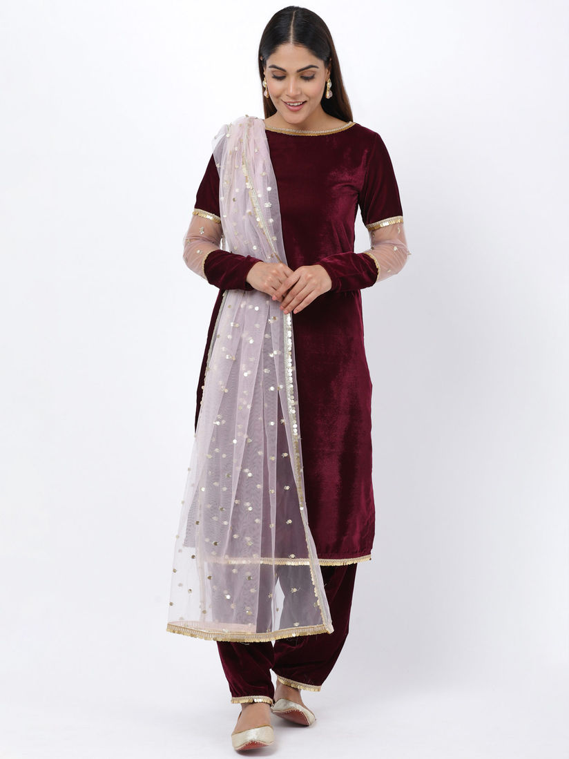 Anokherang Salwar Suits And Sets Buy Wine Sequenced Sleeves Velvet Kurti With Salwar And Blush Pink Dupatta Set Of 3 Online Nykaa Fashion Pink and magenta mirror work phulkari bagh dupatta. anokherang anokherang wine sequenced sleeves velvet kurti with salwar and blush pink dupatta set of 3