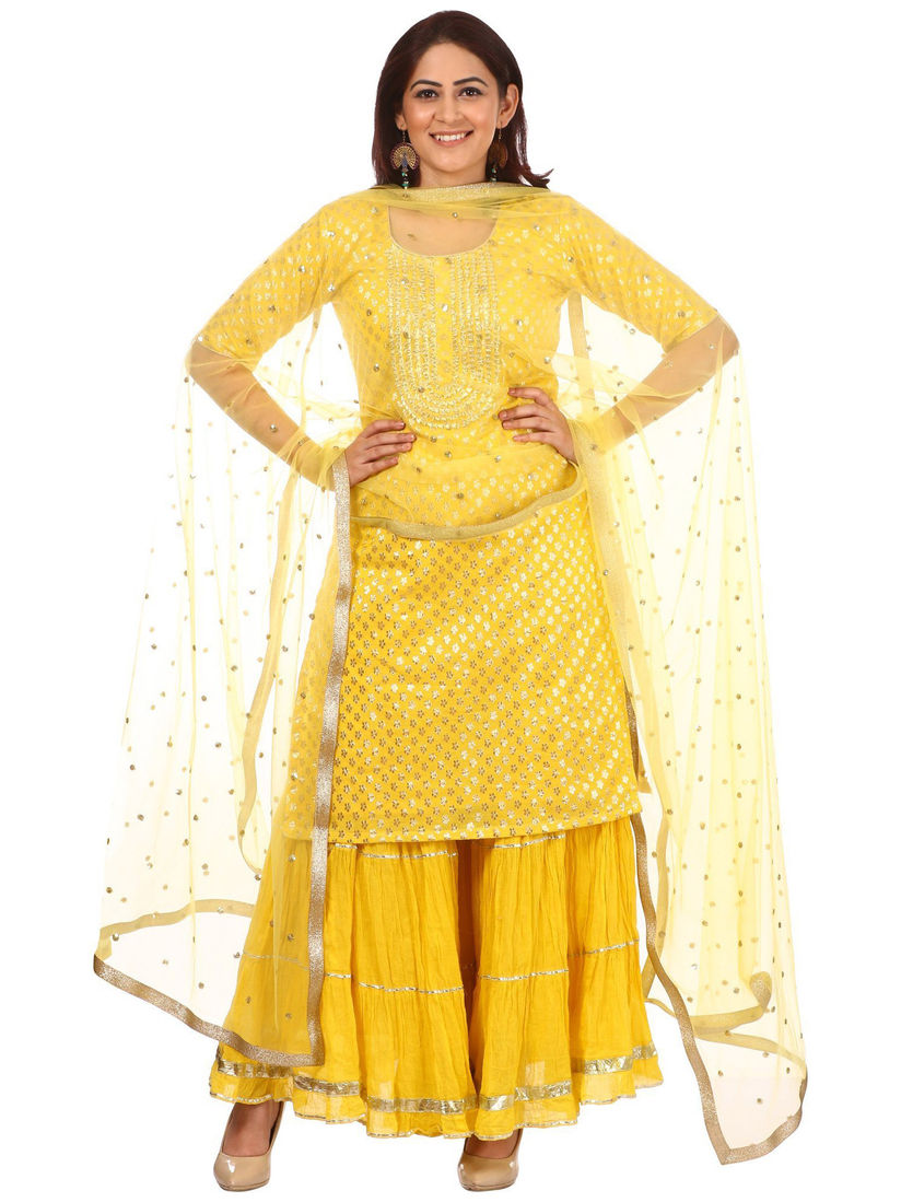 Anokherang Salwar Suits And Sets Buy Anokherang Yellow Gotta Short Kurti With Gathered Sharara And Sequenced Net Dupatta Set Of 3 Online Nykaa Fashion Stitched kurta yellow and white. anokherang yellow gotta short kurti with gathered sharara and sequenced net dupatta set of 3