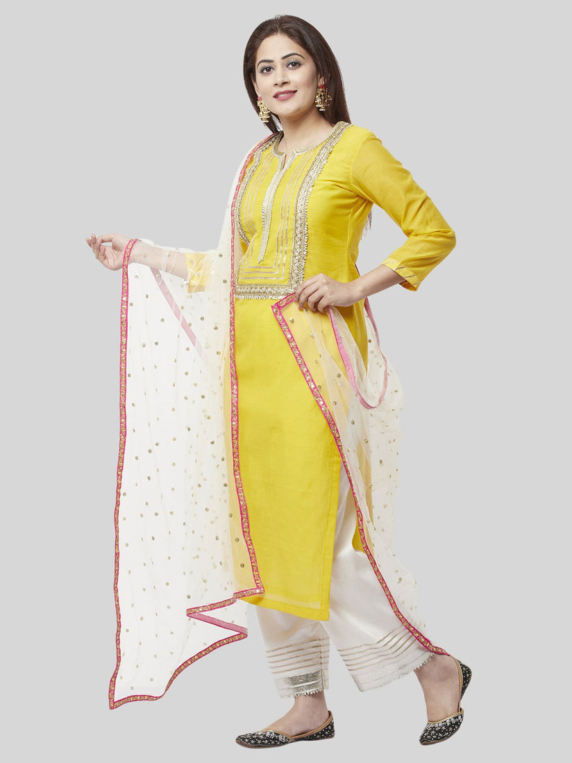 Anokherang Salwar Suits And Sets Buy Anokherang Yellow Straight Kurti With Palazzo And Dupatta Set Of 3 Online Nykaa Fashion Summer floral yellow kurta with embroidered palazzo and dupatta. anokherang yellow straight kurti with palazzo and dupatta set of 3