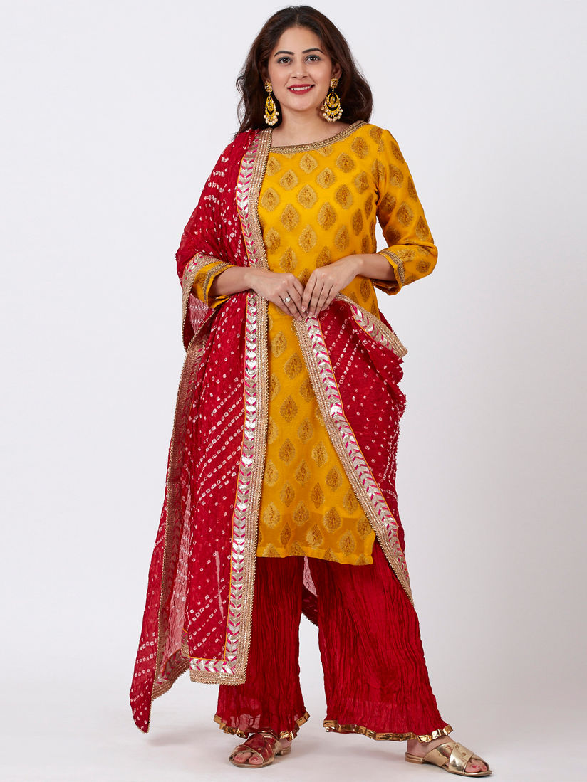 Anokherang Salwar Suits And Sets Buy Anokherang Mangal Mustard Banarsi Kurta Crushed Silk Palazzo With Bandhani Dupatta Set Of 3 Online Nykaa Fashion Check out our gota patti dupatta selection for the very best in unique or custom, handmade pieces from our dresses shops. anokherang mangal mustard banarsi kurta crushed palazzo with bandhani dupatta set of 3