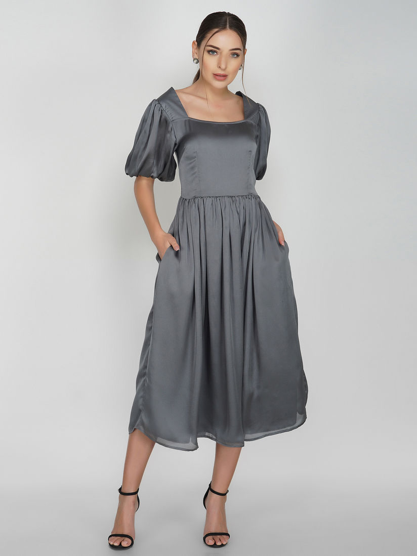 grey satin midi dress