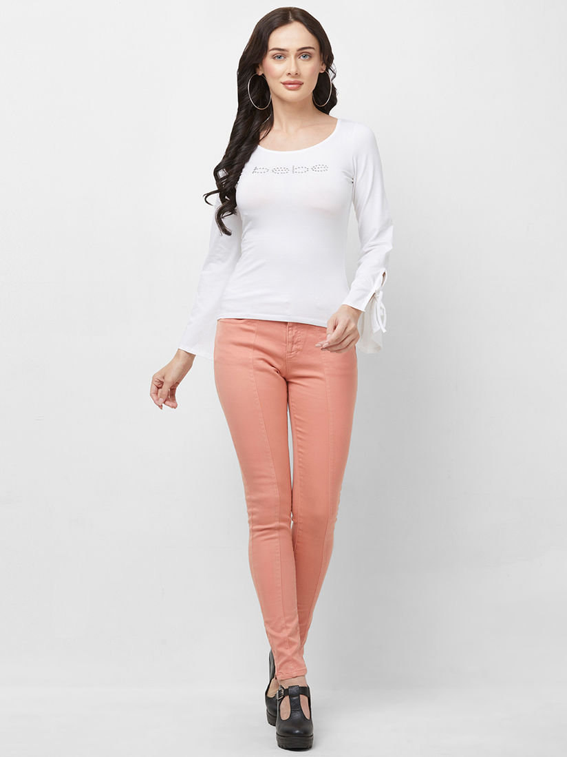 Bebe Shirts Tops And Crop Tops Buy Bebe Off White Logo Long Sleeve Top With Lacing Online Nykaa Fashion