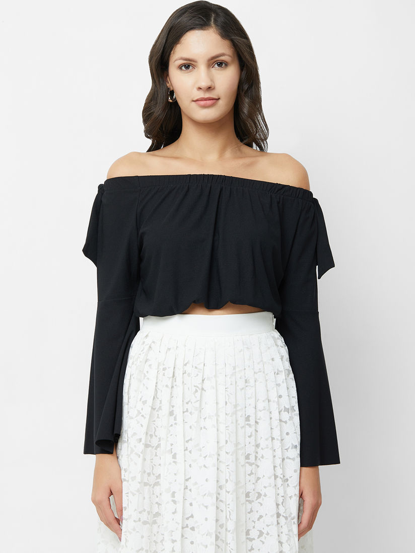black off the shoulder ruffle crop top