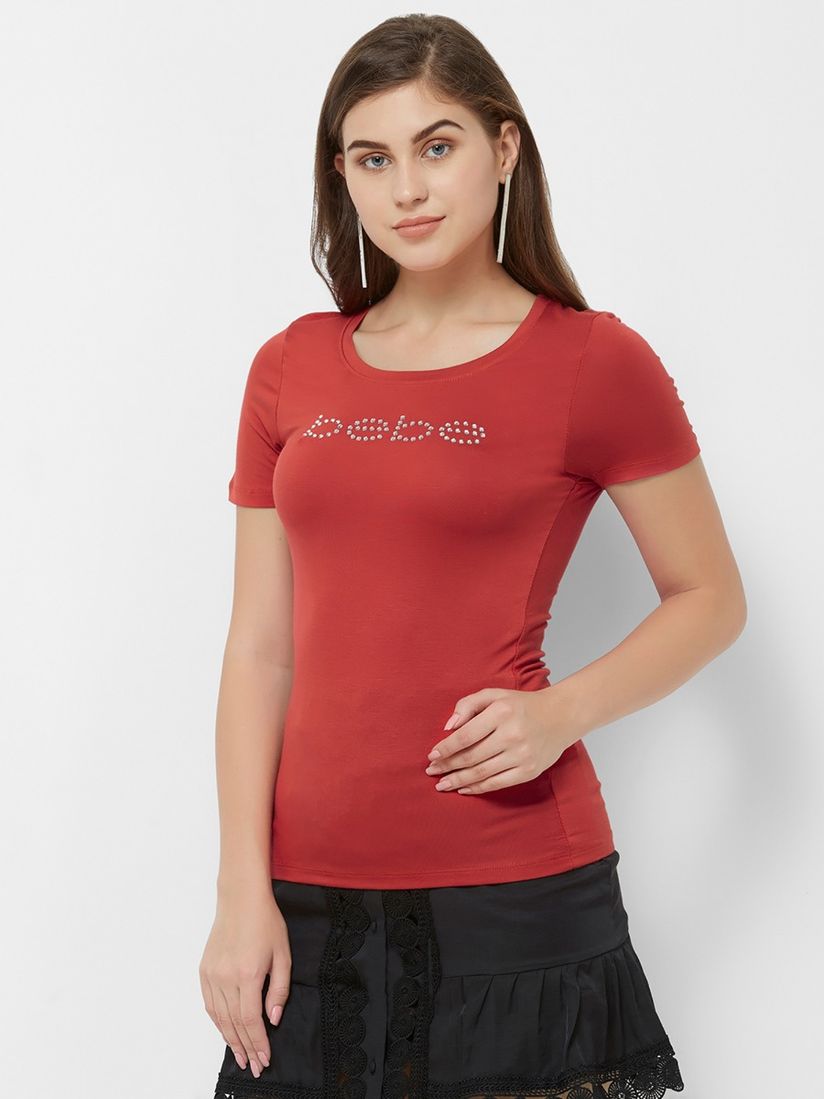 Bebe Shirts Tops And Crop Tops Buy Bebe Red Rhinestone Logo T Shirt Online Nykaa Fashion