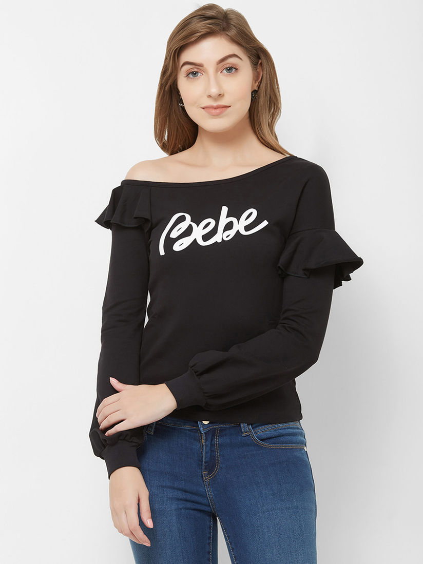 Bebe Shirts Tops And Crop Tops Buy Bebe Black Ruffled Logo Top Online Nykaa Fashion