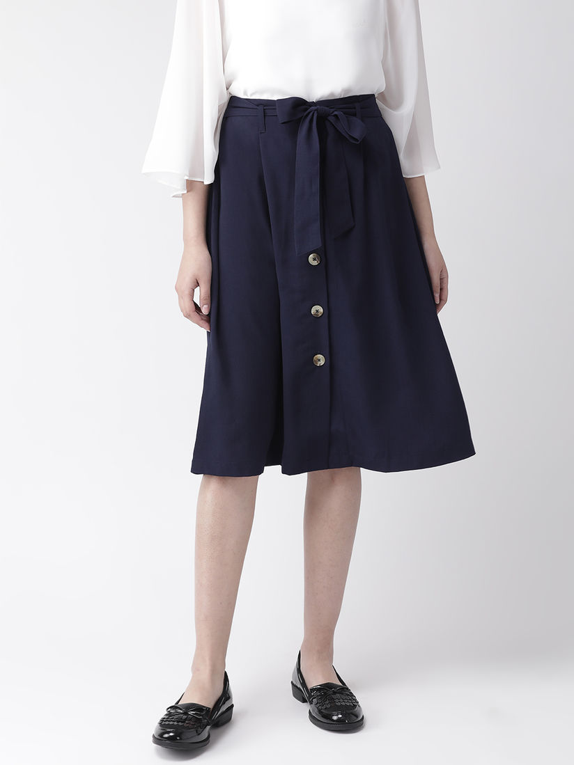 navy button front skirt