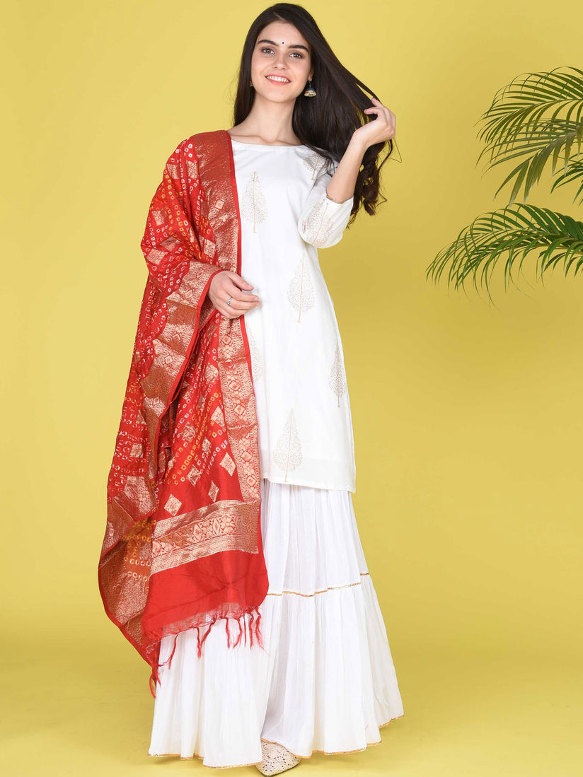 Bunaai Salwar Suits And Sets Buy Bunaai White Kurti With Sharara And Bandhani Dupatta Online Nykaa Fashion Art silk bandhani suit hand gotta patti work dupatta bandhej with border.