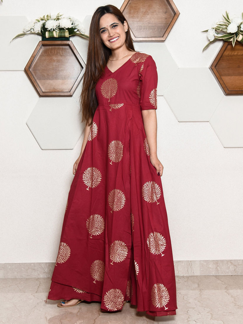 mehroon and golden dress