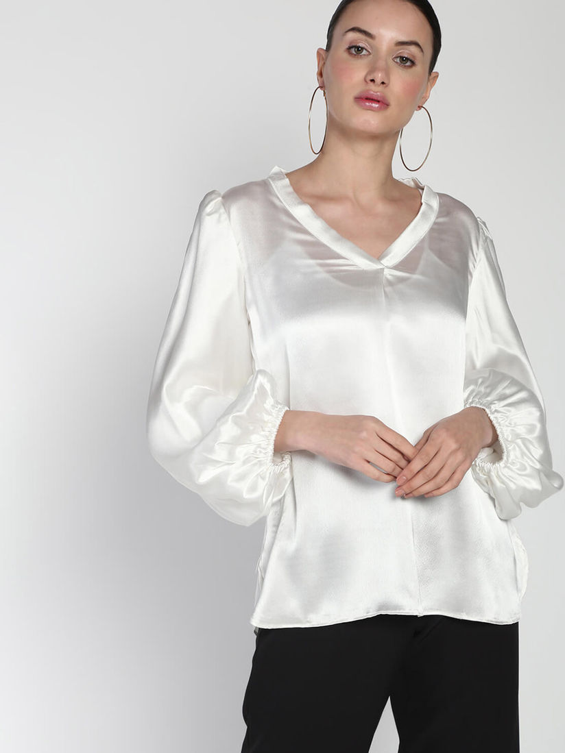 White satin top with sleeves clearance