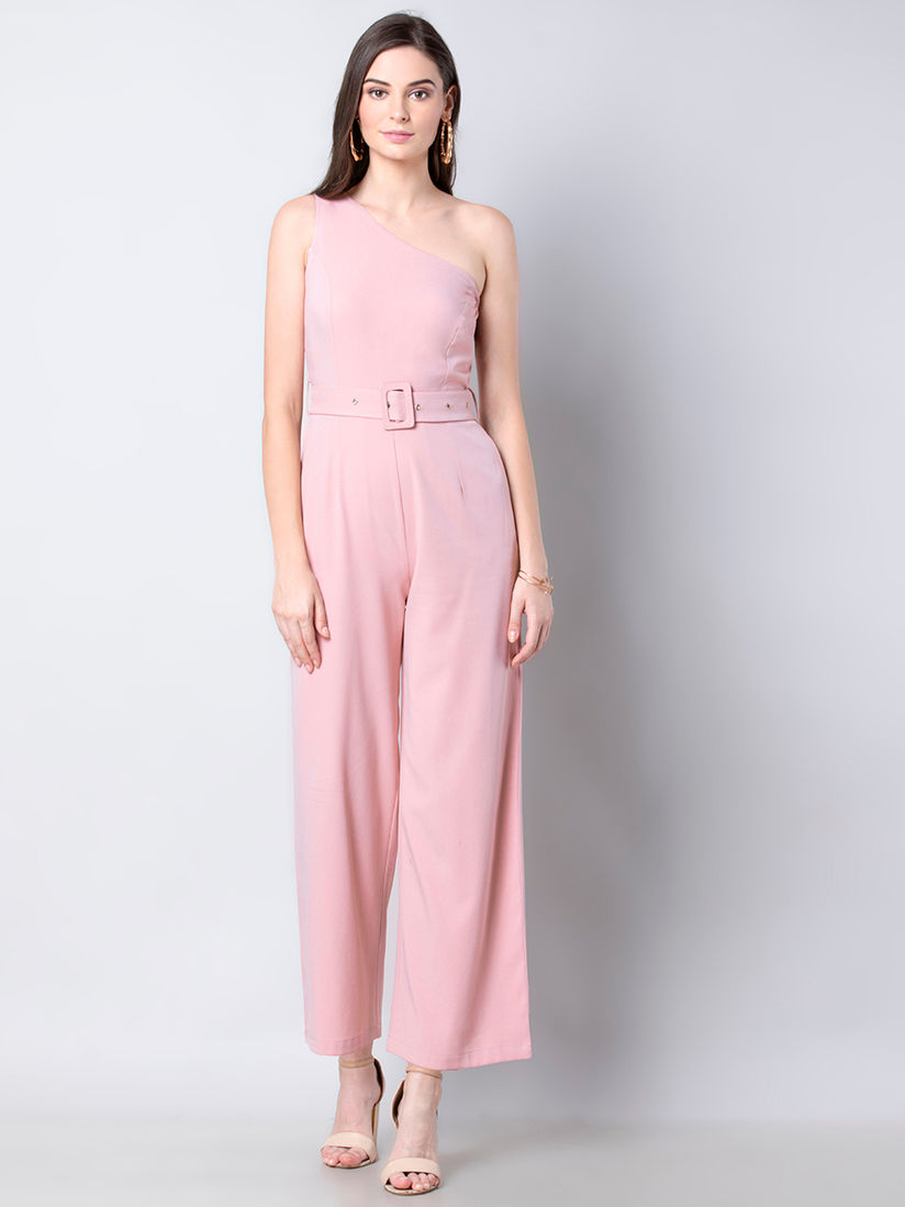belted one shoulder jumpsuit