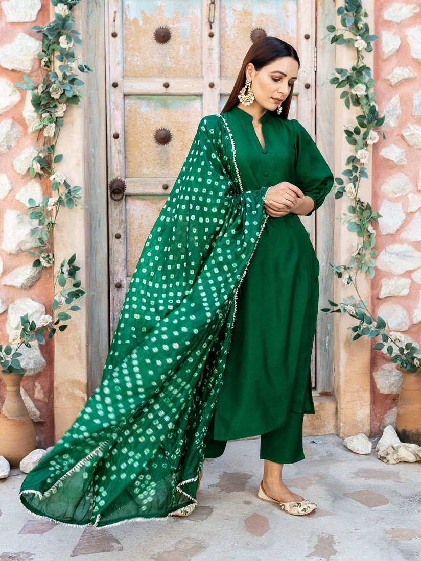 green silk suit