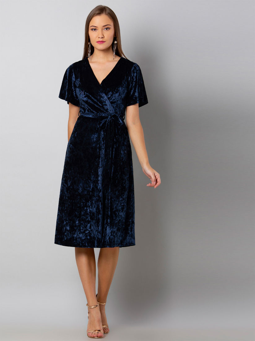 navy blue velvet midi dress