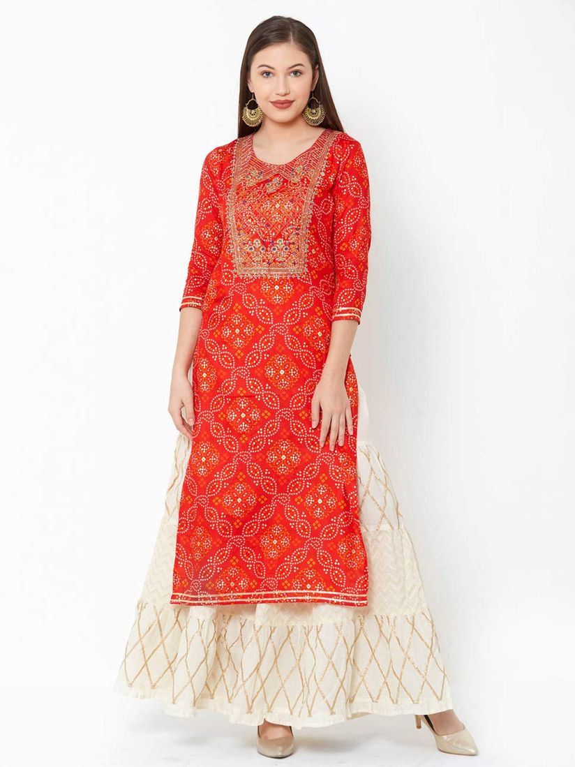 Fashor Kurtis Kurtas And Tunics Buy Fashor Red Bandhani Printed Kurta With Zari Embroidery Online Nykaa Fashion Bandhej kurtis, long bandhej kurtis pattern :